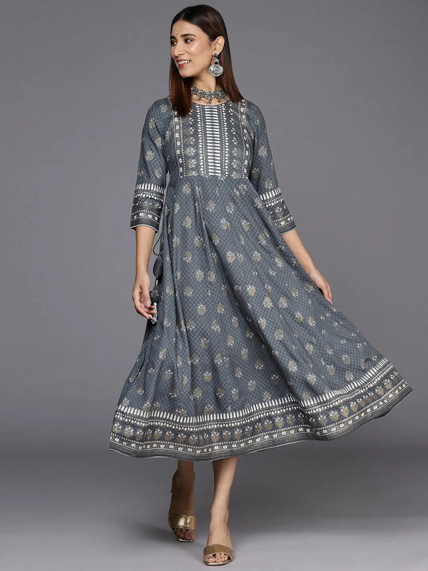 Grey Printed Rayon A-Line Dress - Jashvi