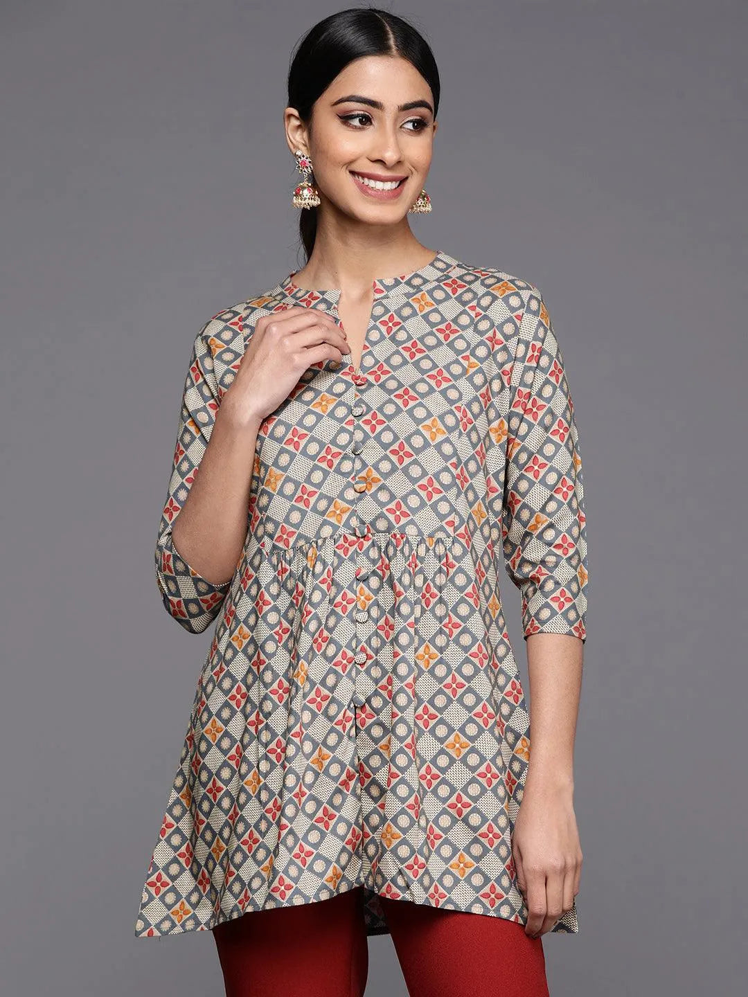 Grey Printed Rayon A-Line Kurti - Jashvi