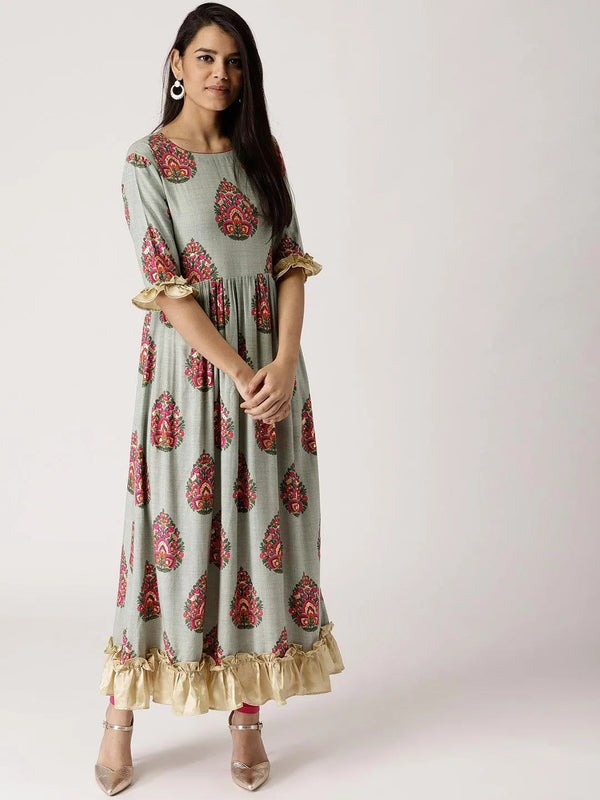 Grey Printed Rayon Dress - Jashvi