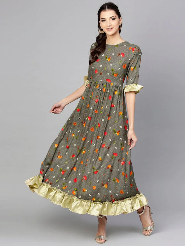 Grey Printed Rayon Dress - Jashvi