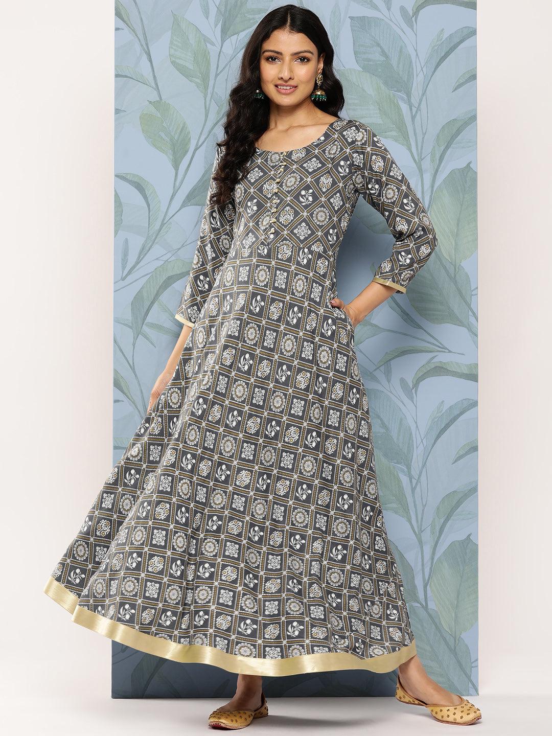 Grey Printed Rayon Fit and Flare Dress - Jashvi