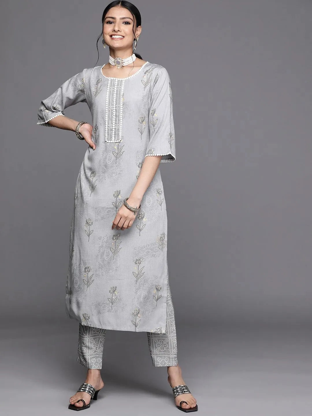 Grey Printed Rayon Kurta - Jashvi