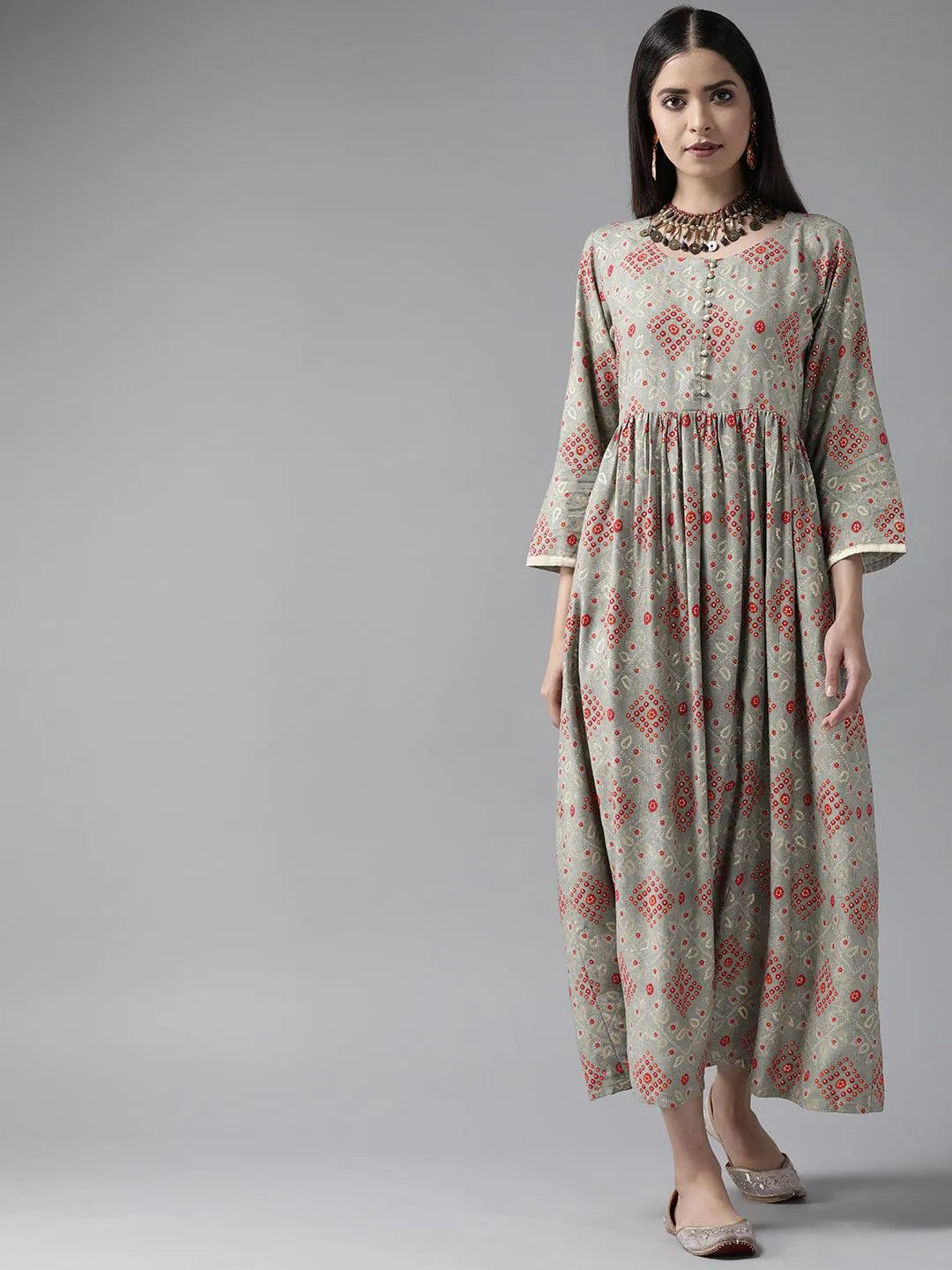 Grey Printed Rayon Maxi Dress - Jashvi