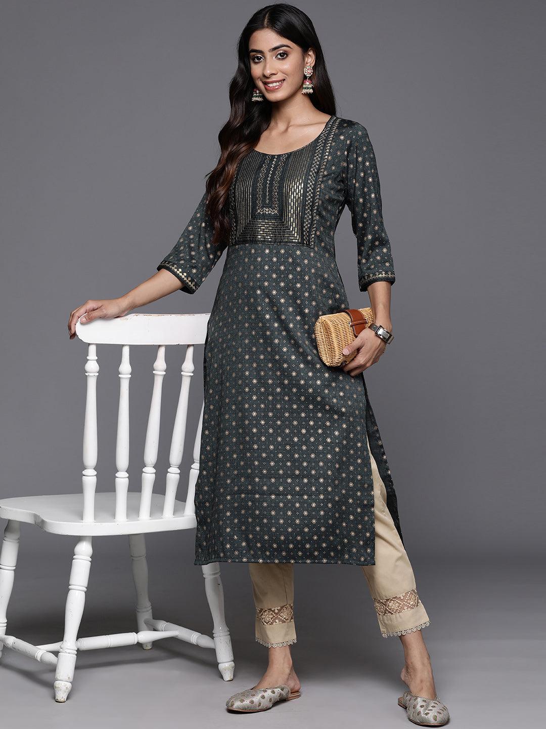 Grey Printed Rayon Straight Kurta - Jashvi