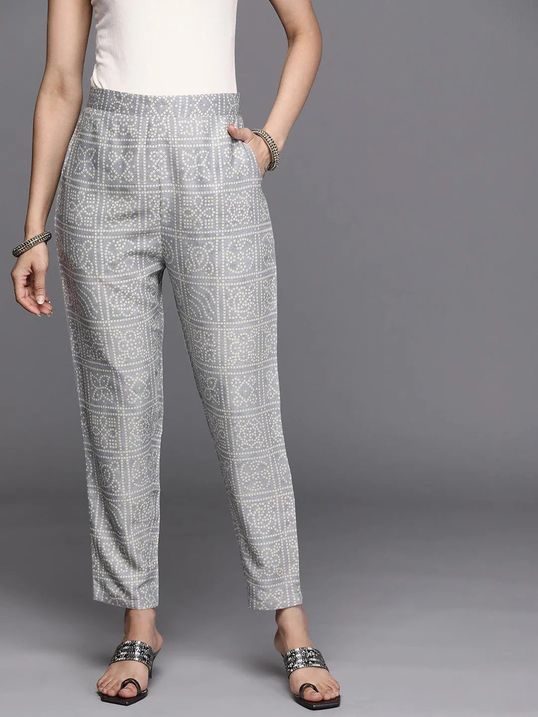 Grey Printed Rayon Trousers - Jashvi