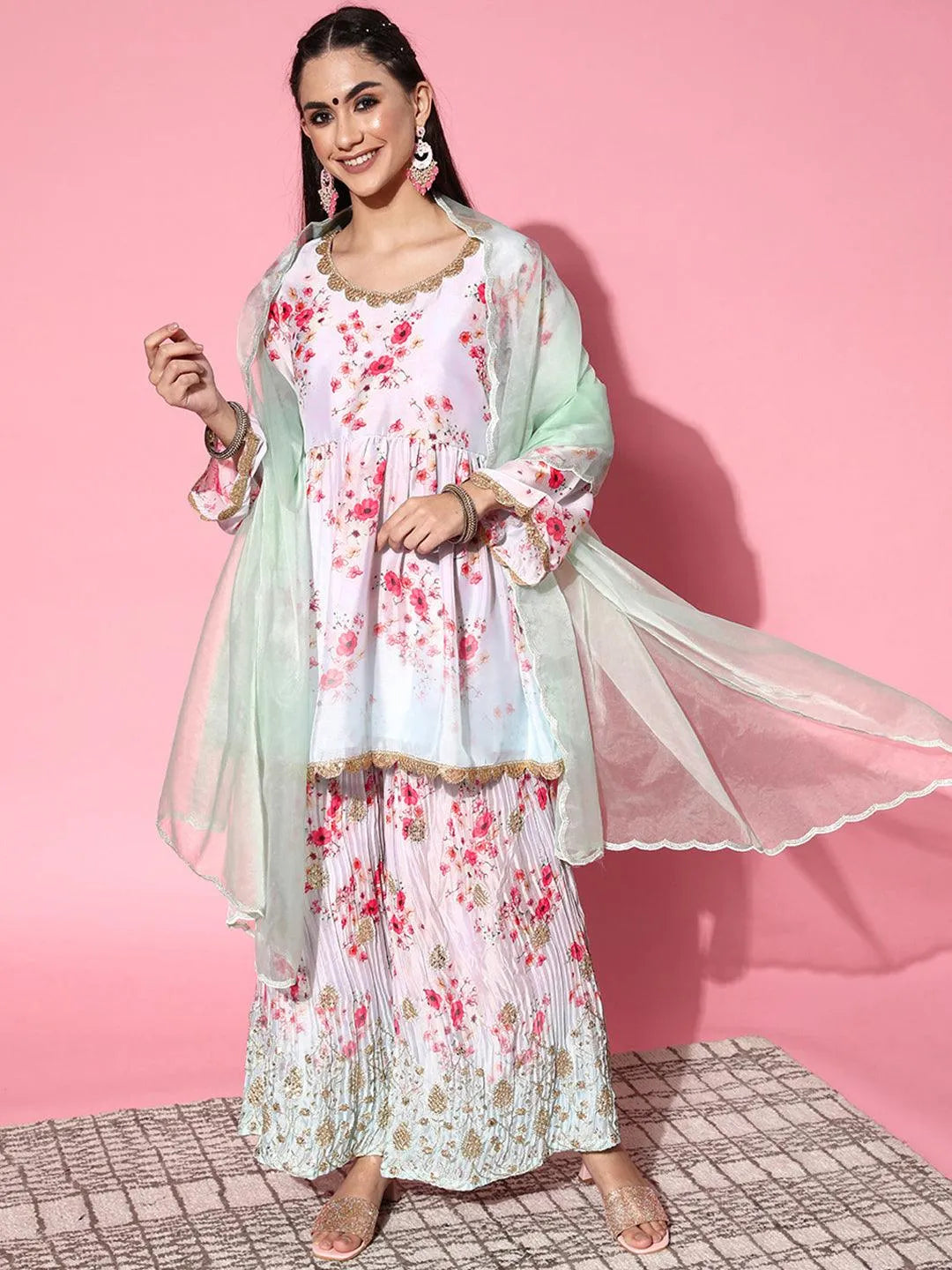 Grey Printed Satin Anarkali Sharara Suit Set With Dupatta - Jashvi