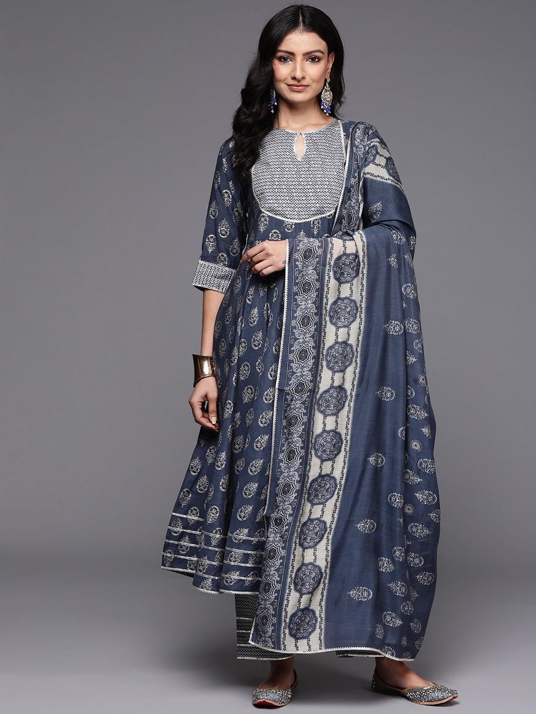 Grey Printed Silk Blend Anarkali Kurta With Palazzos & Dupatta - Jashvi