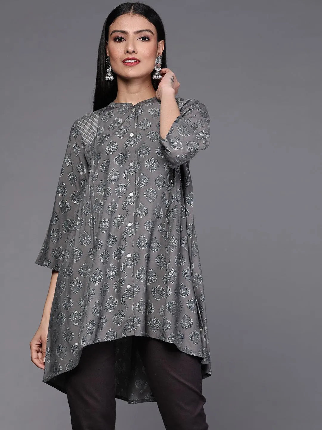 Grey Printed Silk Blend Kurti - Jashvi