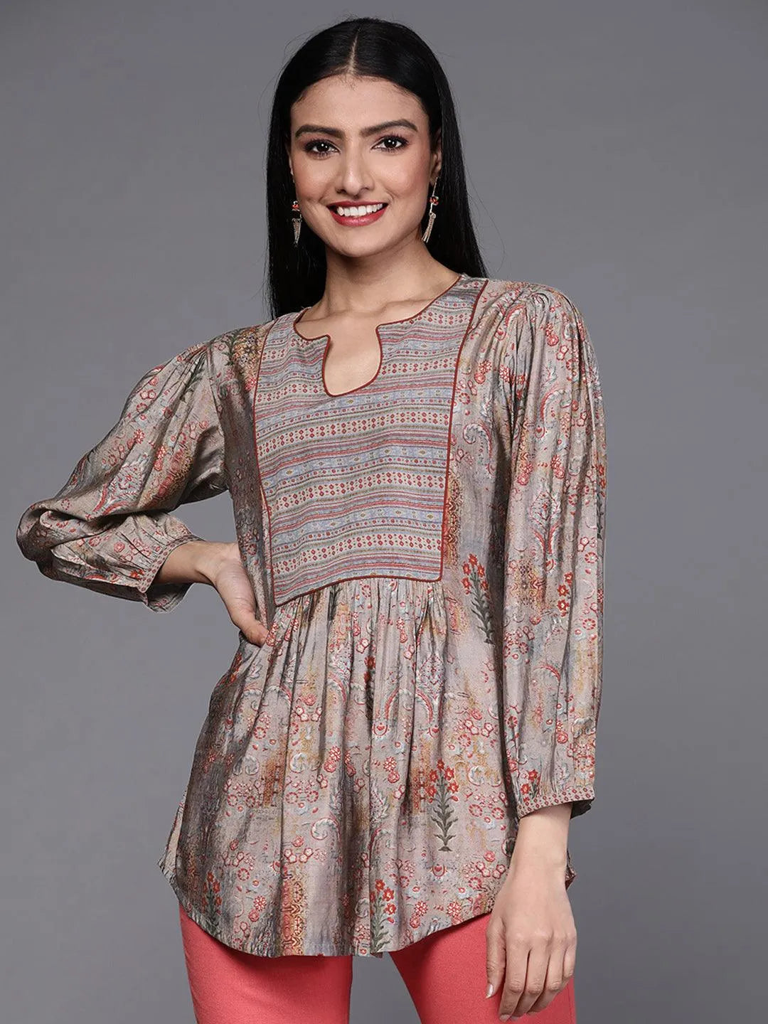 Grey Printed Silk Blend Kurti - Jashvi