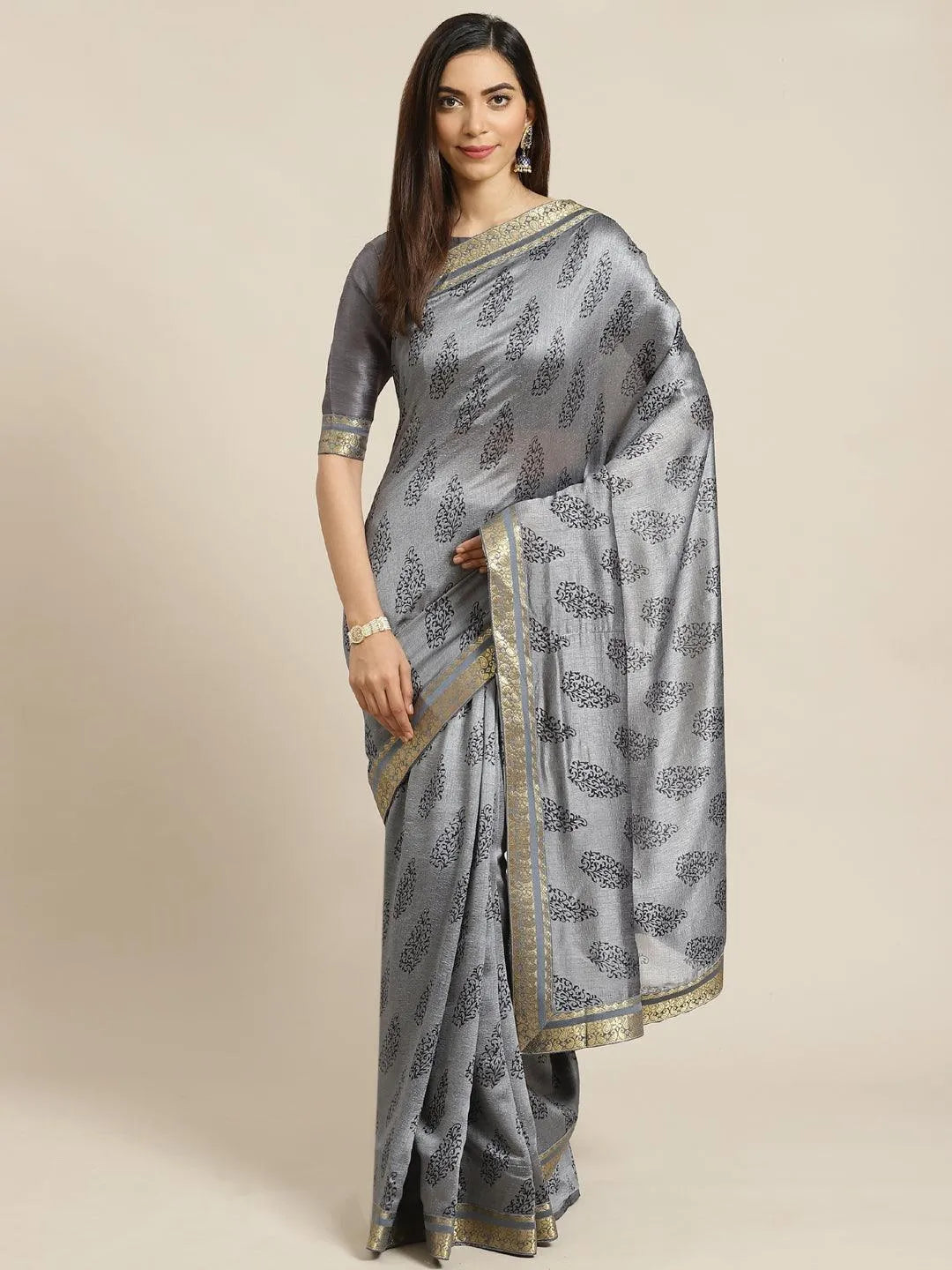 Grey Printed Silk Blend Saree - Jashvi