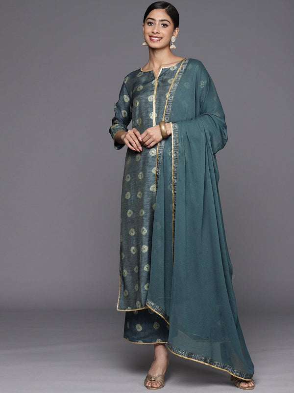 Grey Printed Silk Blend Straight Suit Set With Palazzos - Jashvi