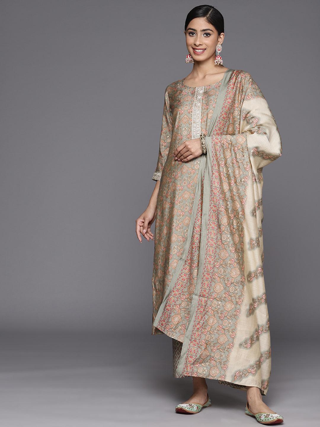 Grey Printed Silk Blend Straight Suit Set With Trousers - Jashvi