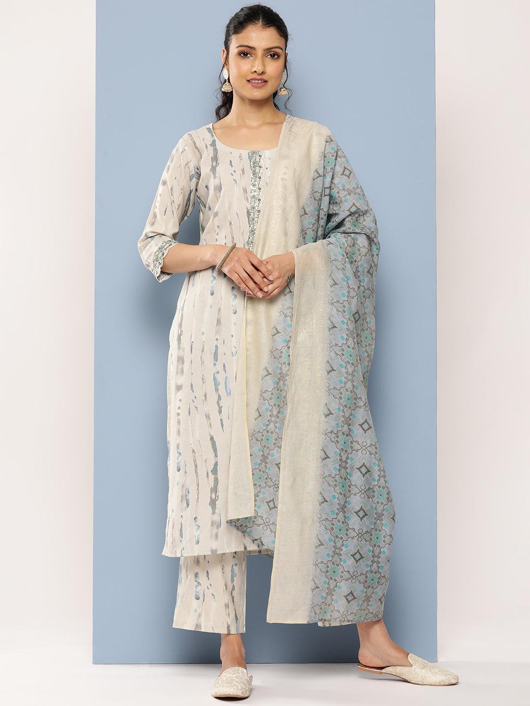 Grey Printed Silk Blend Straight Suit Set With Trousers - Jashvi