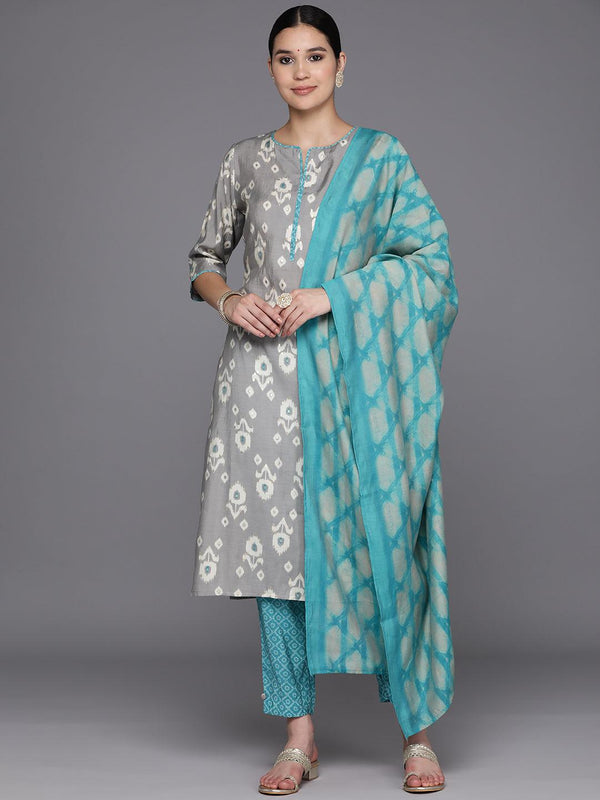 Grey Printed Silk Blend Straight Suit Set With Trousers - Jashvi