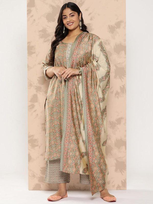 Grey Printed Silk Blend Straight Kurta With Trousers and Dupatta - Jashvi