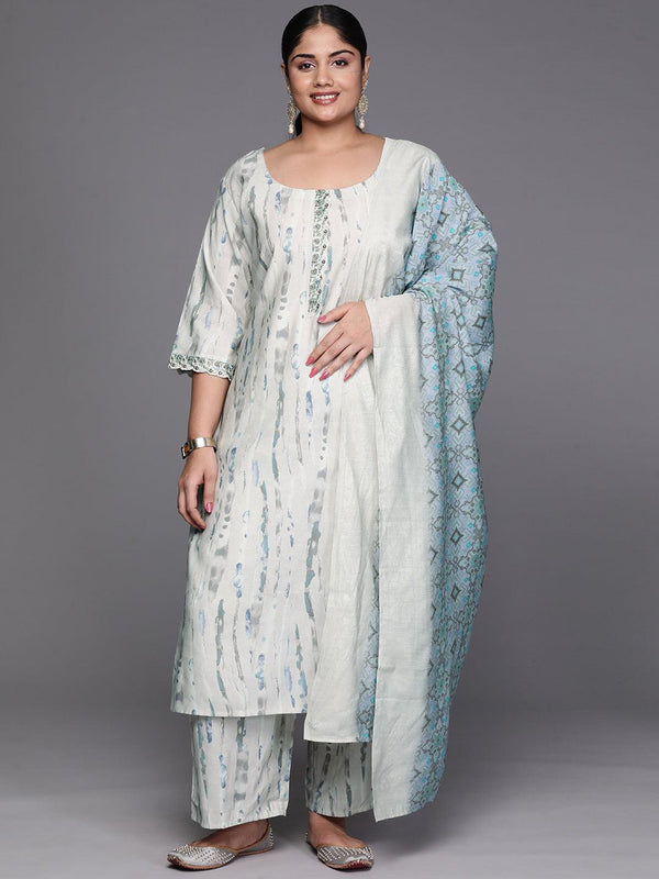 Grey Printed Silk Blend Straight Kurta With Trousers and Dupatta - Jashvi