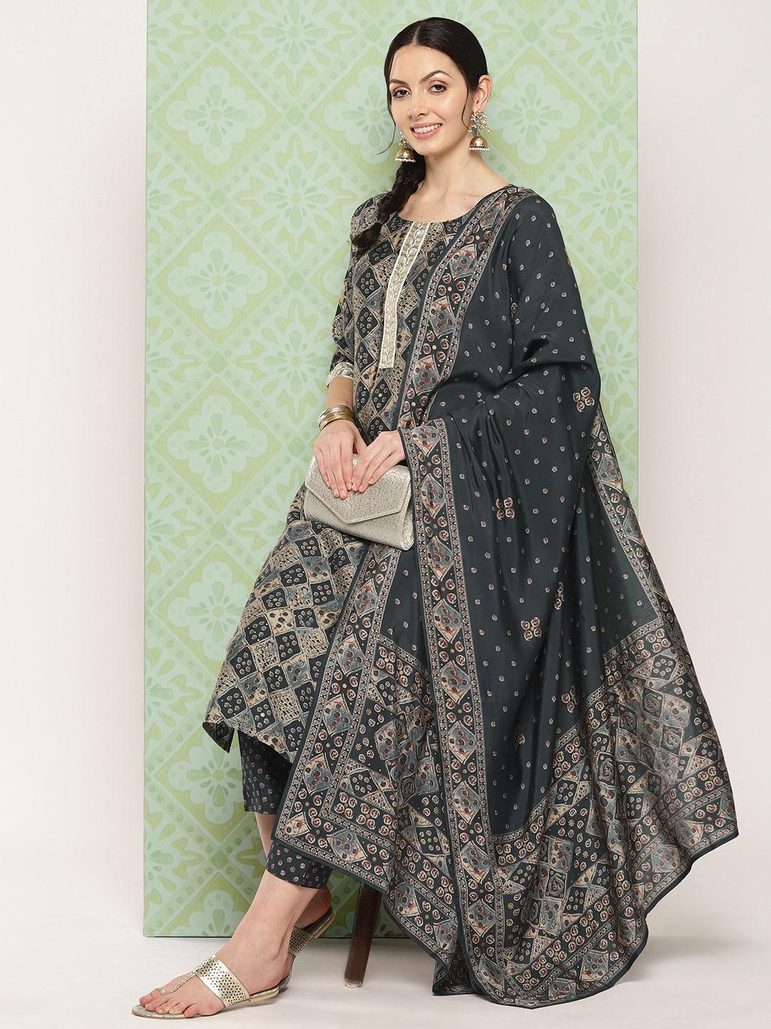 Grey Printed Silk Blend Straight Kurta With Trousers & Dupatta - Jashvi