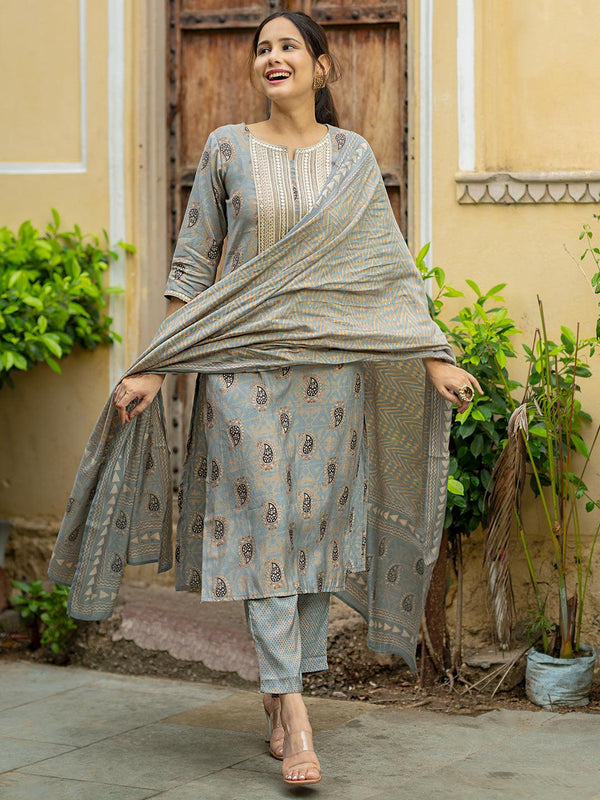 Grey Printed Silk Blend Straight Kurta With Trousers & Dupatta - Jashvi