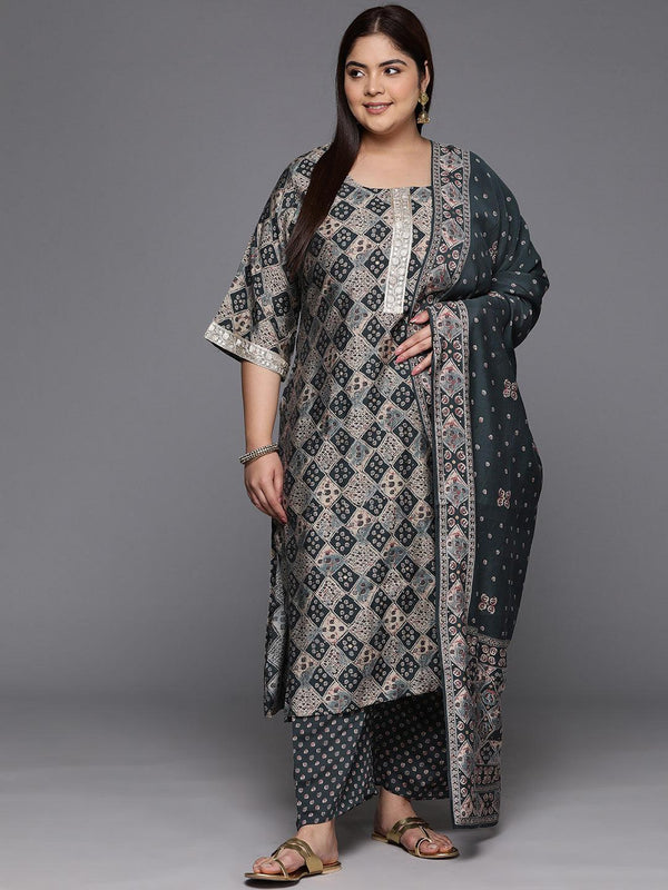 Grey Printed Silk Blend Straight Kurta With Trousers & Dupatta - Jashvi