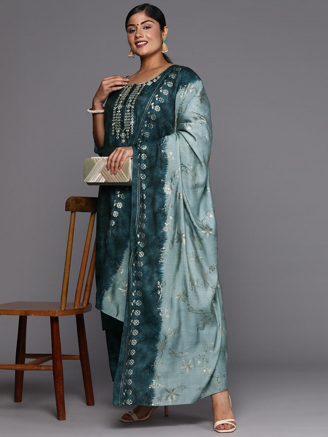 Grey Printed Silk Blend Straight Kurta With Trousers & Dupatta - Jashvi