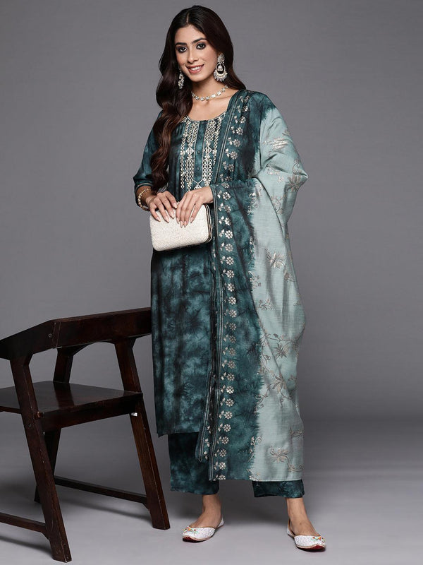 Grey Printed Silk Blend Straight Kurta With Trousers & Dupatta - Jashvi