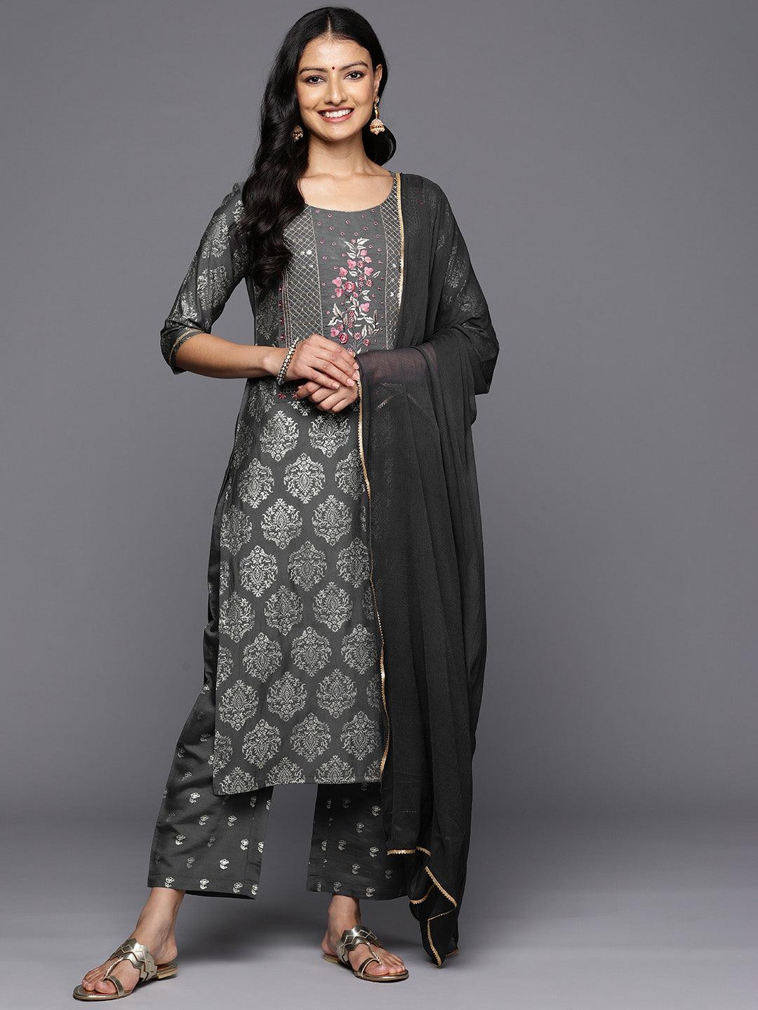 Grey Printed Silk Blend Straight Kurta With Trousers & Dupatta - Jashvi