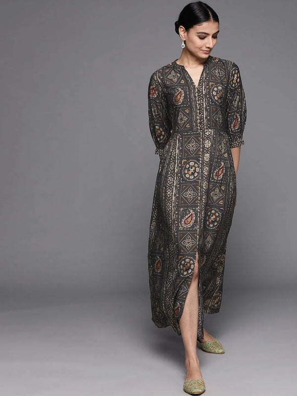 Grey Printed Silk Dress - Jashvi