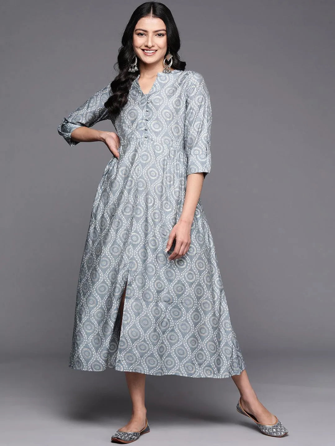 Grey Printed Silk Fit and Flare Dress - Jashvi