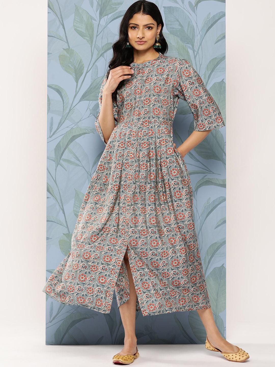 Grey Printed Silk Fit and Flare Dress - Jashvi