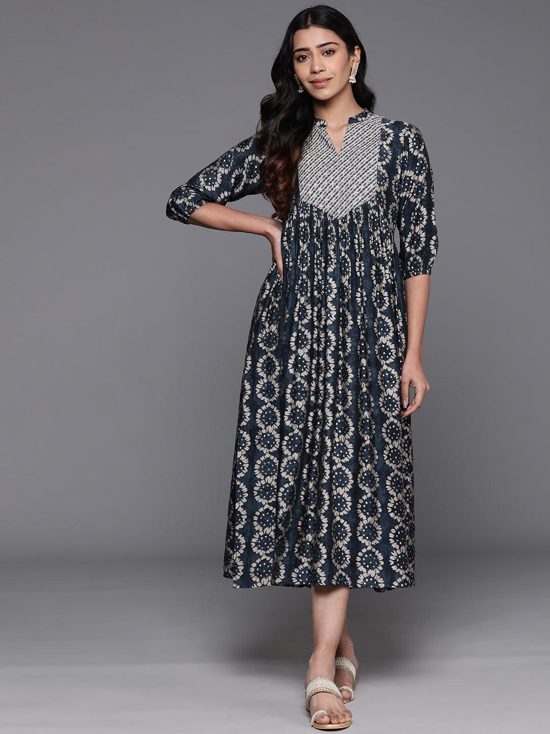 Grey Printed Silk Fit and Flare Dress - Jashvi