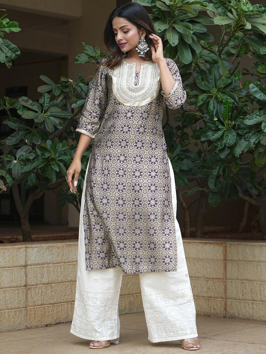 Grey Printed Silk Straight Kurta - Jashvi