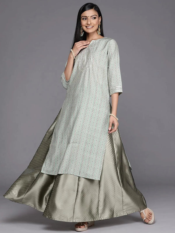 Grey Printed Silk Straight Kurta - Jashvi