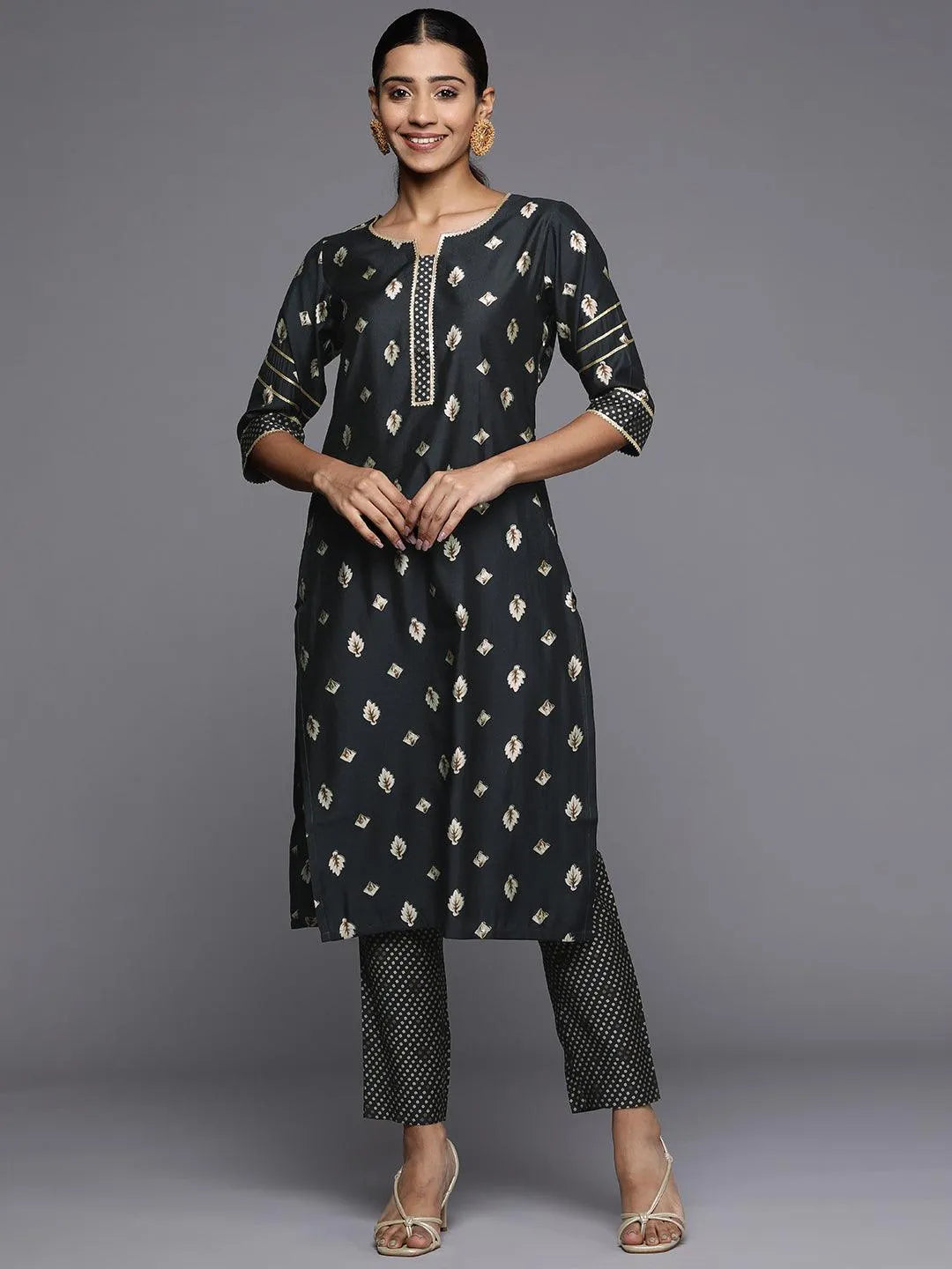 Grey Printed Silk Straight Kurta - Jashvi