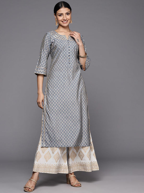 Grey Printed Silk Straight Kurta - Jashvi