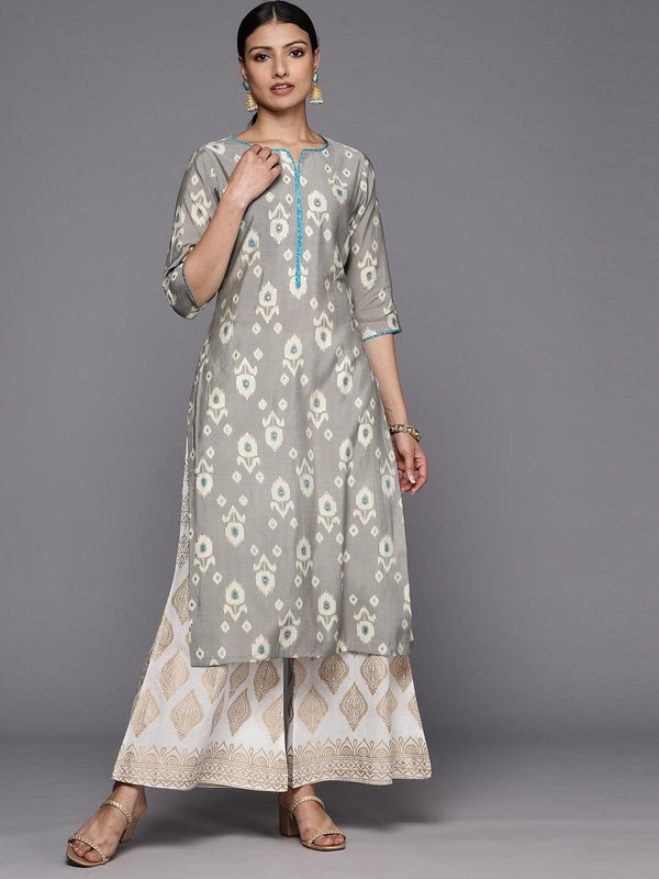 Grey Printed Silk Straight Kurta - Jashvi