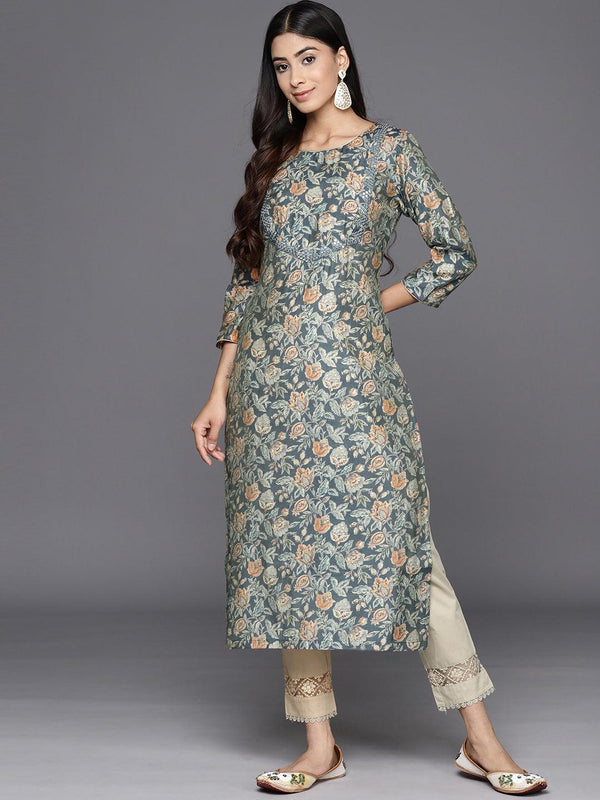 Grey Printed Silk Straight Kurta - Jashvi