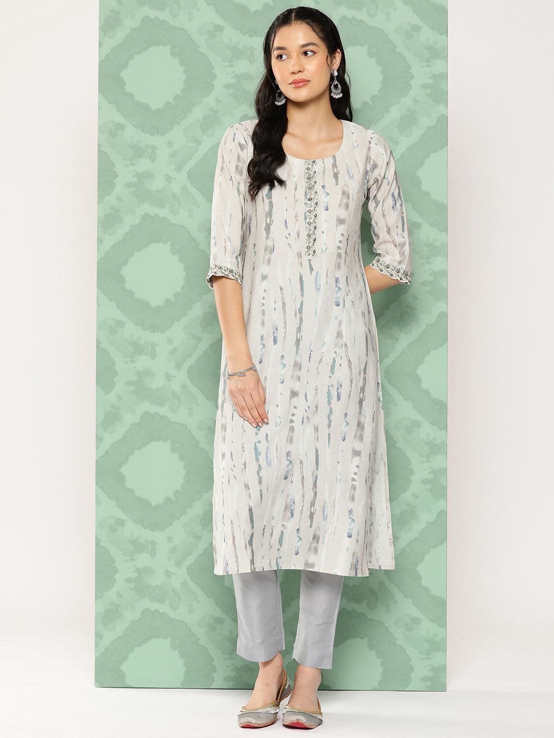 Grey Printed Silk Straight Kurta - Jashvi