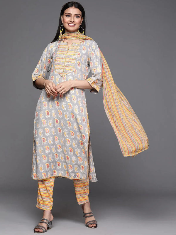 Grey Printed Silk Suit Set - Jashvi