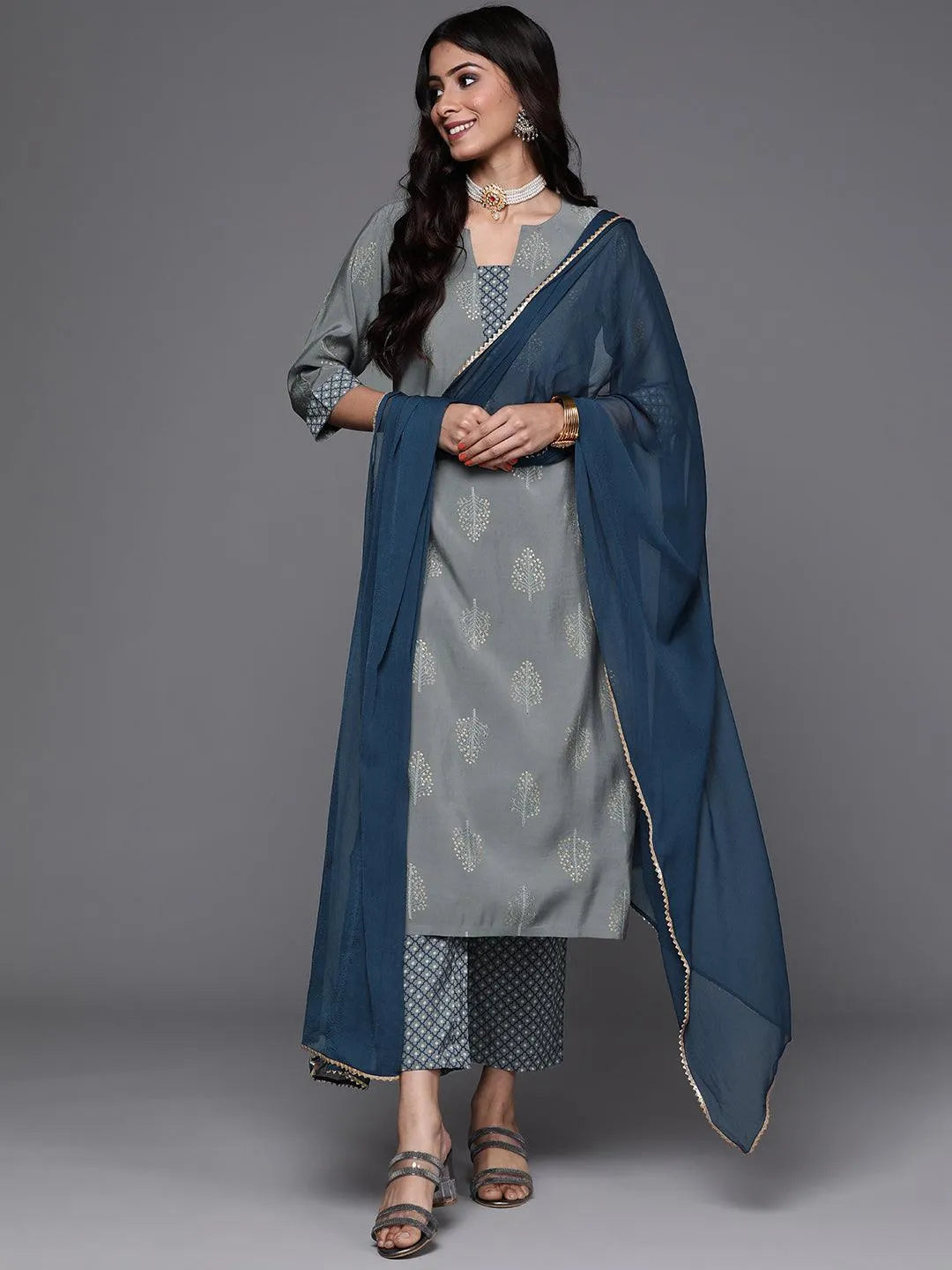 Grey Printed Silk Suit Set - Jashvi