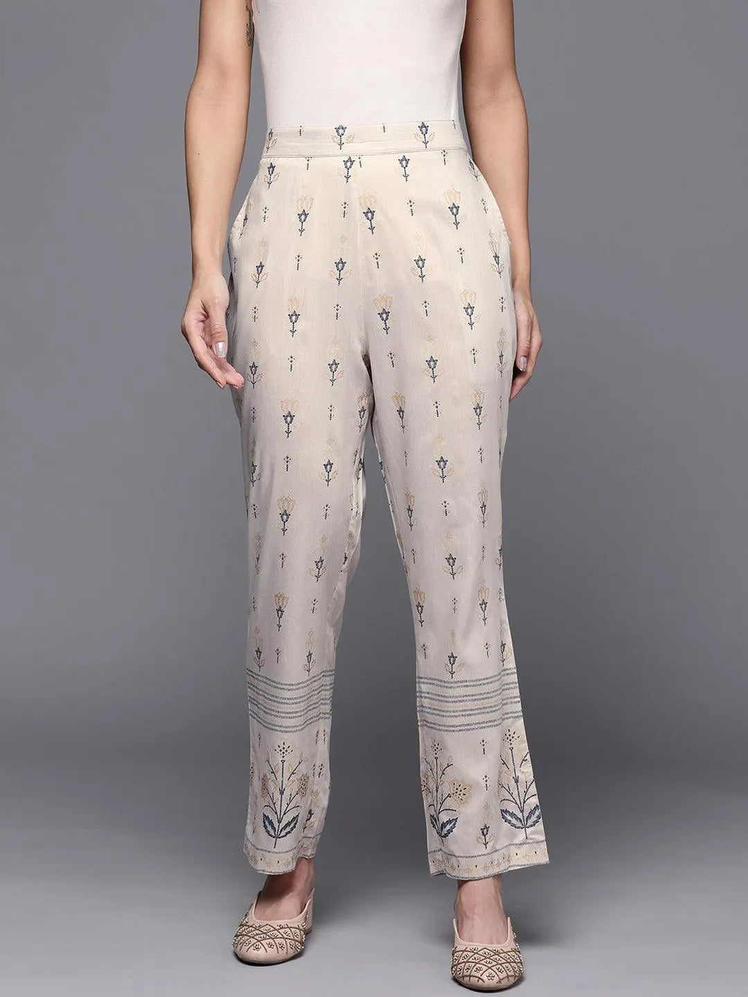 Grey Printed Silk Trousers - Jashvi