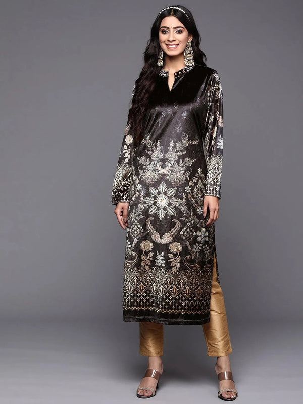 Grey Printed Velvet Straight Kurta - Jashvi