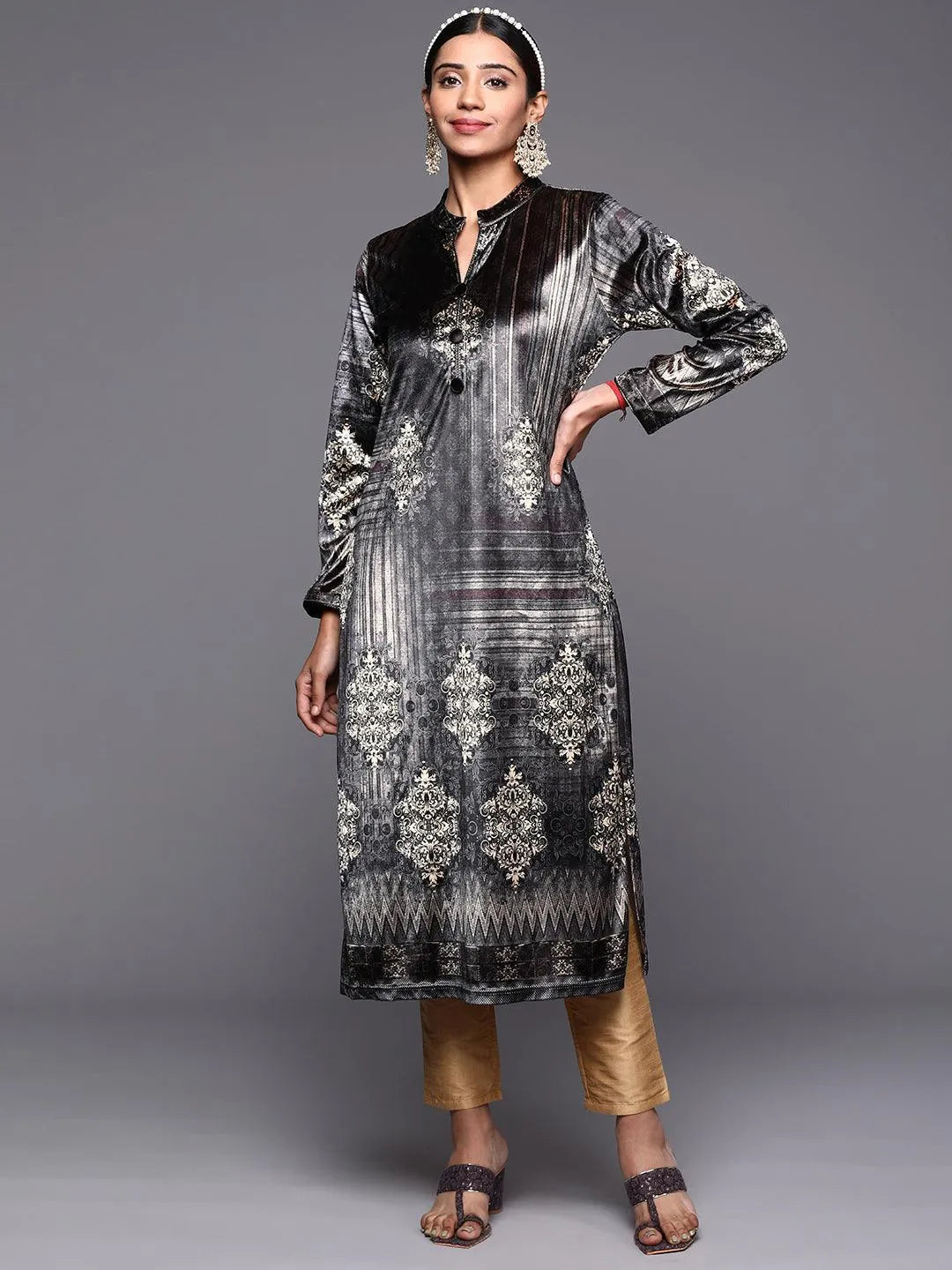 Grey Printed Velvet Straight Kurta - Jashvi