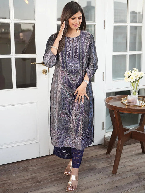 Grey Printed Velvet Straight Kurta - Jashvi