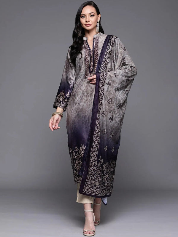 Grey Printed Velvet Suit Set - Jashvi