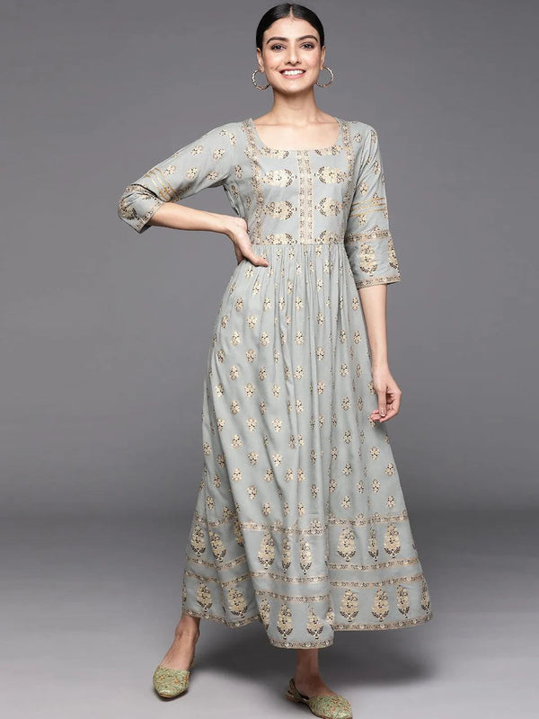 Grey Printed Viscose Rayon Dress - Jashvi