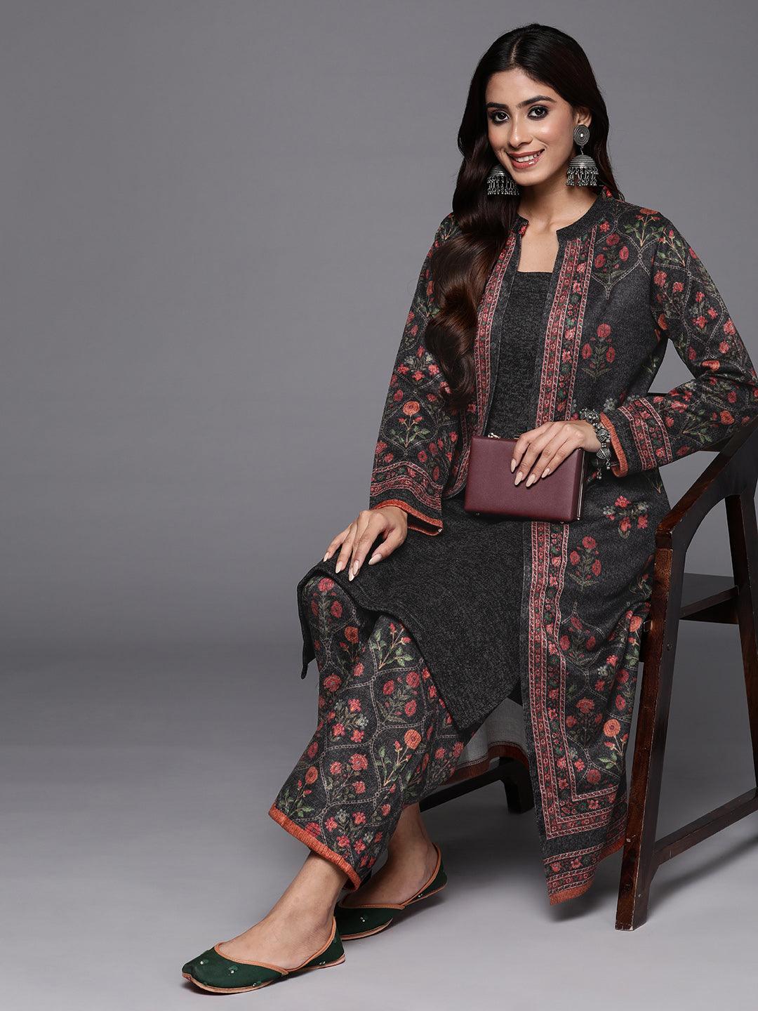 Grey Printed Wool Blend Straight Kurta With Trousers - Jashvi