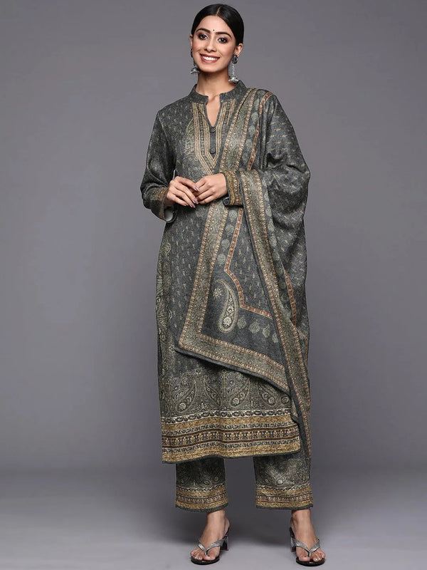 Grey Printed Wool Straight Suit Set - Jashvi