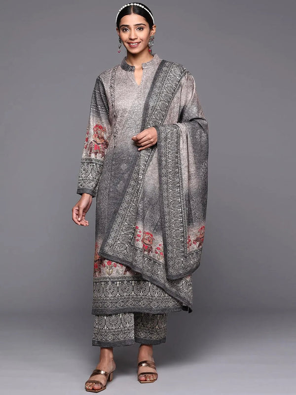 Grey Printed Wool Straight Suit Set - Jashvi