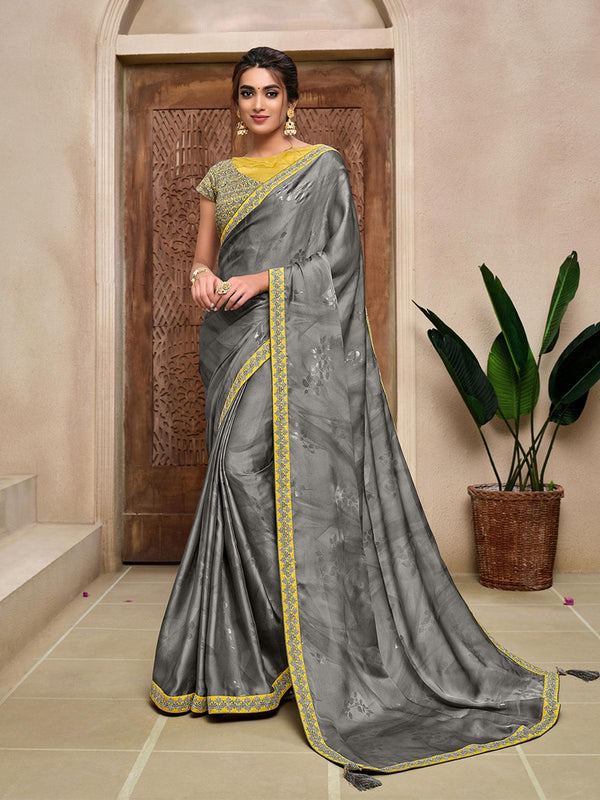 Women's Grey Satin Silk Designer Saree With Blouse - Odette