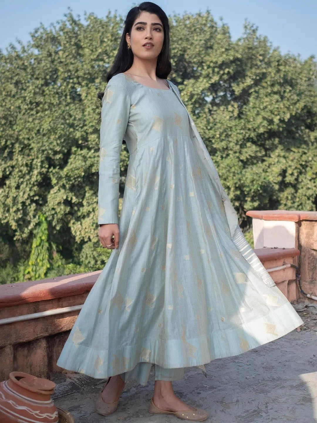 Grey Self Design Chanderi Silk Suit Set - Jashvi